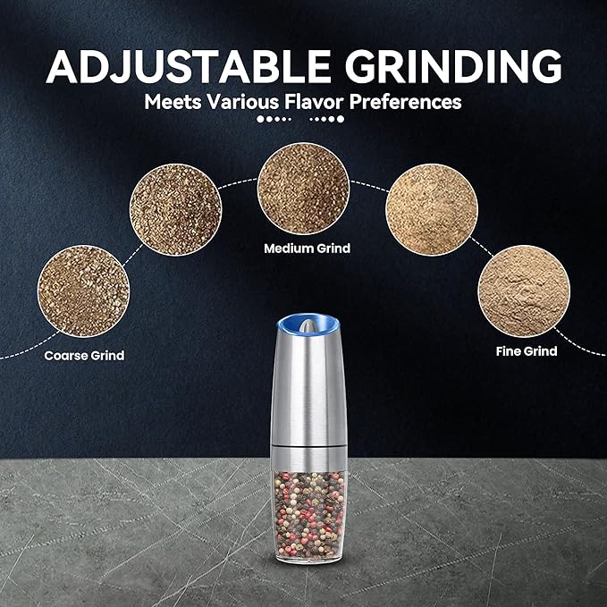 UNNEES Rechargeable Electric Salt and Pepper Grinder, gravity electric salt and pepper grinder, Adjustable Roughness, LED Light, 1 Pack, (Silver) - Image 3