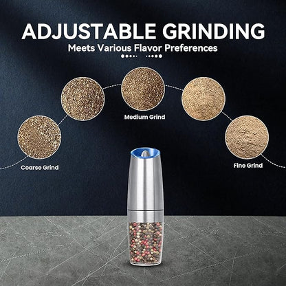 UNNEES Rechargeable Electric Salt and Pepper Grinder, gravity electric salt and pepper grinder, Adjustable Roughness, LED Light, 1 Pack, (Silver) - Image 3