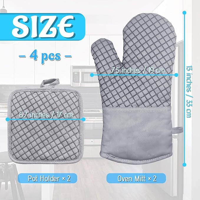4 Pcs Oven Mitts and Pot Holders,High Heat Resistant 500 Degree Glove with Silicone Non-Slip Surface,Extra Thicken Long Kitchen Cotton Oven Glove for Baking,Cooking,Grilling(Light Gray) - Image 2