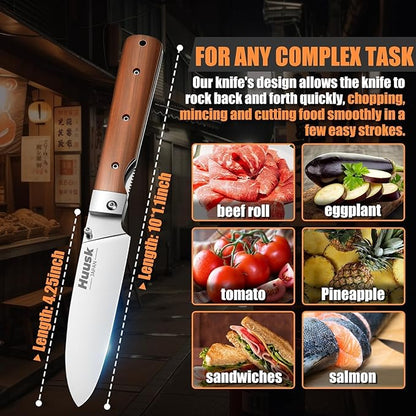 Huusk Folding Chef Pocket Knife - Japanese Santoku Knives, edc Kitchen Knives with 440C Stainless Steel Ultra Sharp Blade, Portable Meat Knives for Vegetable, Christmas Gift for Men and Women