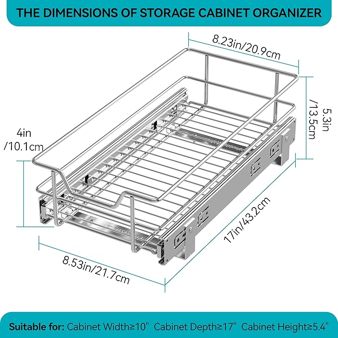 Pull Out Cabinet Organizer 9" W X 17" D, Slide Out Drawers For Kitchen Organizers and Storage, Pull Out Drawers For Cabinets Capacity Heavy Duty Caddy, Cabinet Shelves Chrome-Plated, Bathroom Pantry - Image 2
