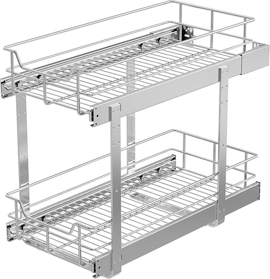 2 Tier Pull Out Cabinet Organizer 11" W X 22" D, Slide Out Drawers For Kitchen Cabinets, Pull Out Drawers For Cabinets Capacity Heavy Duty Caddy, Cabinet Pullout Shelves Chrome-Plated, Bathroom Pantry by STORKING