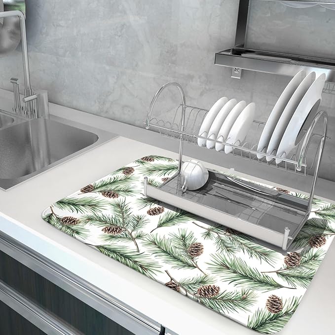 Winter Dish Drying Mat for Kitchen Counter Pine Needle Cone Festival Xmas Microfiber Absorbent Dish Draining Reusable Washable Foldable Extra Large 18"x24" - Image 5