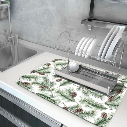 Winter Dish Drying Mat for Kitchen Counter Pine Needle Cone Festival Xmas Microfiber Absorbent Dish Draining Reusable Washable Foldable Extra Large 18"x24" - Image 5