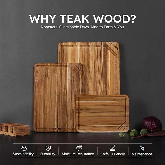 3 Pack Teak Wood Cutting Board Set for Kitchen Charcuterie Board Serving Heavy Duty Non Toxic Slip Hardwood Over Sink Solid Thick Haus Wooden Chopping Board Large Big Small Meat Best Essential Gift - Image 3