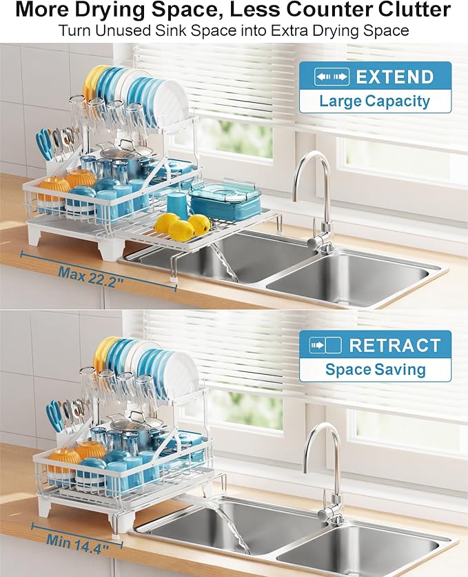 GSlife Large 2 Tier Dish Drying Rack, Expandable Heavy-Duty Dish Rack for Kitchen Counter, Rust-Resistant Dish Drainer with Utensil & Cup Holder, Auto-Drain, 16.9" W x 14.4"-22.4" L, White - Image 2