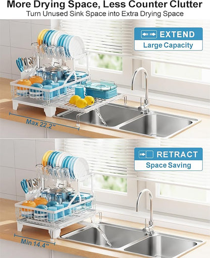 GSlife Large 2 Tier Dish Drying Rack, Expandable Heavy-Duty Dish Rack for Kitchen Counter, Rust-Resistant Dish Drainer with Utensil & Cup Holder, Auto-Drain, 16.9" W x 14.4"-22.4" L, White - Image 2