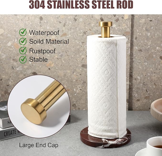 Koville Paper Towel Holder Countertop, Standing Paper Roll Holder with 6" Weighted Marble Base, Stone Paper Towel Holder with Gold Stainless Steel Rod for Kitchen Bathroom (Red)