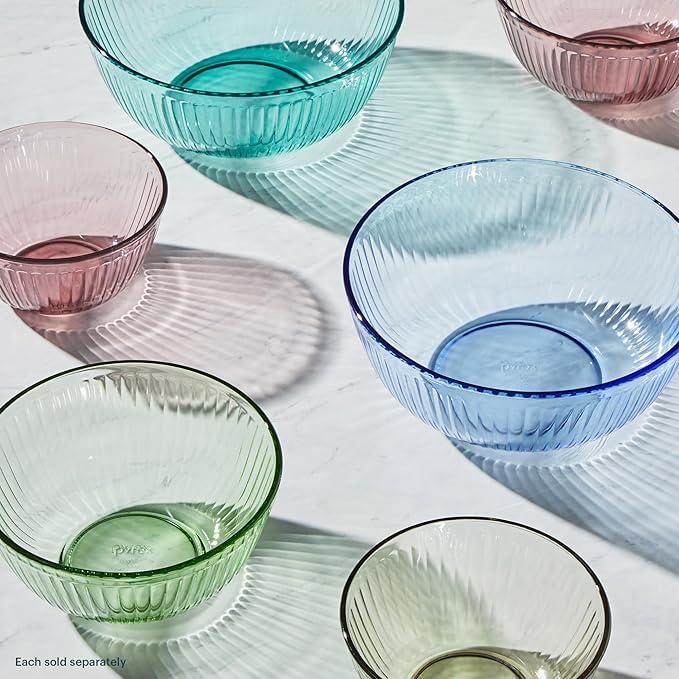 Pyrex Colors (3-Pack, Full Set) Sculpted Tinted Glass Mixing Bowls With Plastic Lids, Nesting Space Saving Set of Bowls For Prepping and Baking, 1.3QT, 2.3QT & 4.5Q, (Pink, Green, Blue) - Image 7