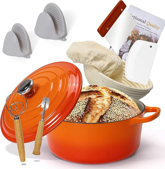 5QT Enameled Cast Iron Dutch Oven for Bread Baking with Lid, Sourdough Baking Supplies with Proofing Basket, Bread Making Tools Set, Heavy-Duty Cookware for Braising, Stews, Roasting (Orange)