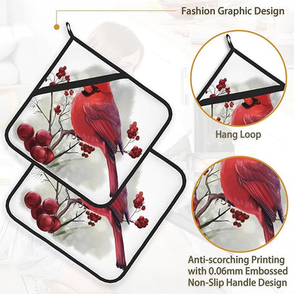 Christmas Cardinal Bird Pot Holder Set of 2,Heat Resistant Potholders Oven Hot Pads for Kitchen Cooking Baking BBQ