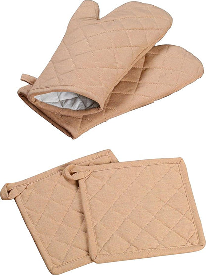 Oven Mitt (7"x13") & Pot Holder (8"x8") 100% Cotton Set of Heat Resistant Oven Gloves & Hot Pads for Gifts, BBQ, Cooking, Baking, Thanksgiving - Beige