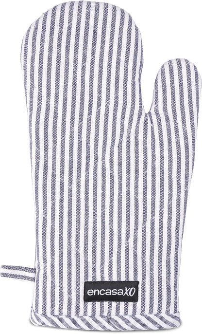 Encasa XO Long 12"x7" Oven Microwave Hand Gloves Mitts (2 pc Set) for Kitchen Cooking & Baking - Heat Resistant, Thick & Safe, Protection of Hands from Hot Utensils - Ticking Navy Blue