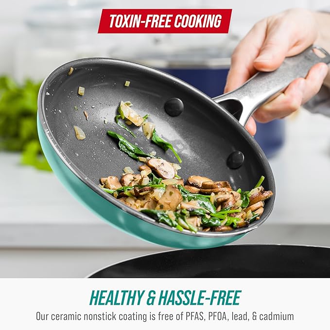 Blue Diamond 8" Nonstick Frying Pan Skillet, Diamond Infused Ceramic PFAS-Free, Dishwasher & Oven Safe, Stay Cool Handle, Durable Non Toxic Metal Utensil Safe, Egg & Omelet Pan, Turquoise - Image 5