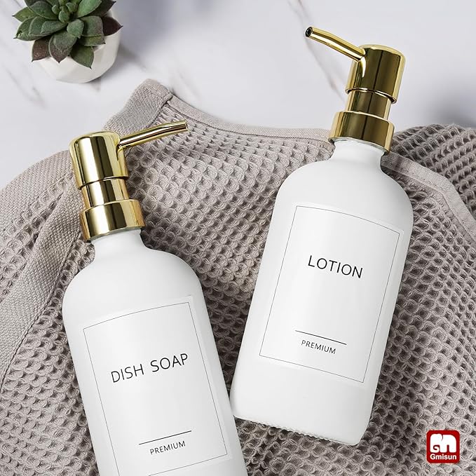 GMISUN White Soap Dispenser, 2 Pack Glass Hand Soap Dispensers Bathroom with Gold Pump, 17 Fl Oz Dish Soap Dispenser Set for Kitchen, Refillable Modern Liquid Soap and Lotion Dispensers Bottle - Image 8