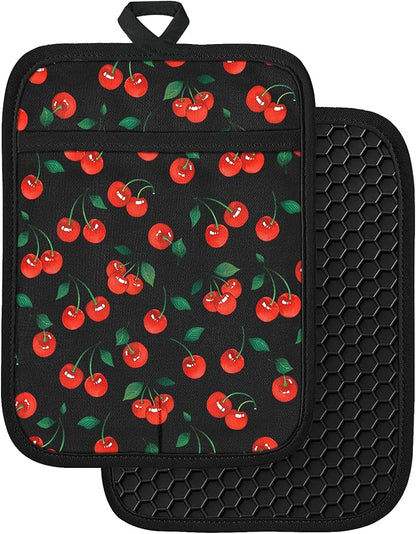Slohif Silcone Cherry Pot Holders for Kitchen - 100% Cotton Black Cute Oven Potholders with Pockets, Heat Resistant Square Thick Hot Pads, House New Home Baking Baker Gifts,2pack