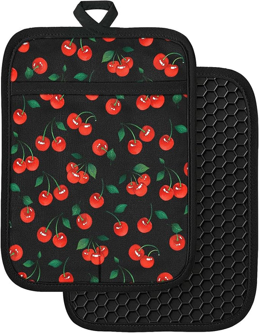 Slohif Silcone Cherry Pot Holders for Kitchen - 100% Cotton Black Cute Oven Potholders with Pockets, Heat Resistant Square Thick Hot Pads, House New Home Baking Baker Gifts,2pack