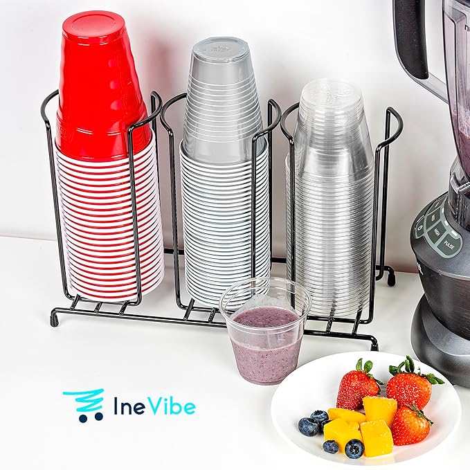 Inevibe Wire Frame Cup and Lid Organizer, 3 Compartment Metal Rack Design Storage Holder for Plastic, Coffee Beverage Cups - Image 2