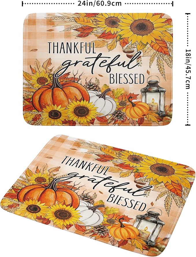 Giwawa Autumn Pumpkins Dish Drying Mat for Kitchen Countertop, Fall Sunflowers Thankful Grateful Blessed Dish Drainer Mats 18x24in, Thanksgiving Harvest Decorative Reversible Dish Drying Pad