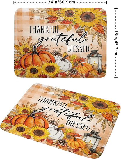 Giwawa Autumn Pumpkins Dish Drying Mat for Kitchen Countertop, Fall Sunflowers Thankful Grateful Blessed Dish Drainer Mats 18x24in, Thanksgiving Harvest Decorative Reversible Dish Drying Pad
