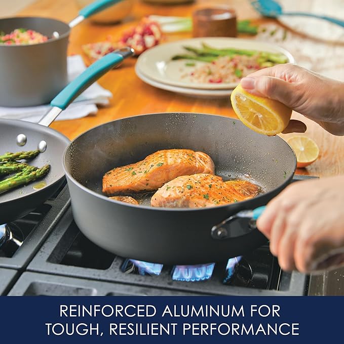 Rachael Ray Cucina Hard Anodized Nonstick Cookware Pots and Pans Set, 12 Piece, Gray with Blue Handles - Image 4