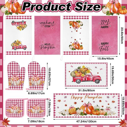 Fanfanwin 10 Pcs Thanksgiving Pumpkin Kitchen Decor Set Pink Kitchen Towels Pot Holders Oven Mitts and Rugs Set for Baking Cooking BBQ Thanksgiving Home Decor