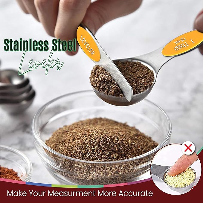 Magnetic Measuring Spoons Set of 9 Stainless Steel Dual-Sided Stackable Measuring Spoon Nesting Teaspoons Measuring Dry and Liquid Ingredients, Fits in Spice Jars Set of 9 (Orange) - Image 3