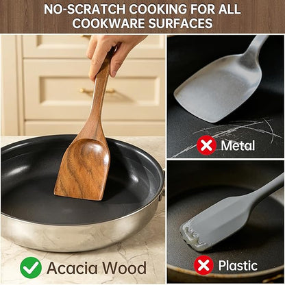 Wooden Utensil Set 11 Pcs - Natural Non-Toxic Acacia Wooden Spoons for Cooking, Nonstick, Sturdy, Easy to Clean, Wood Kitchen Utensils Set with Ceramic Spoon Rest & 10 Hooks, Ideal for Gifting