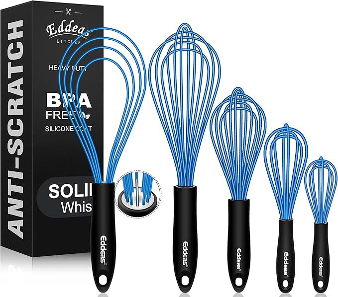 Eddeas Silicone Whisk, Non Scratch Whisk for Cooking, 5+7+9+11in Balloon Whisks, Suitable for Mixing, Blending. 11in Flat Whisks great for Ceramic Coated pans and Wider shallower pots. (Blue) by Eddeas