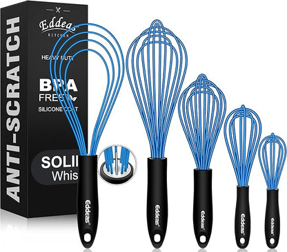 Eddeas Silicone Whisk, Non Scratch Whisk for Cooking, 5+7+9+11in Balloon Whisks, Suitable for Mixing, Blending. 11in Flat Whisks great for Ceramic Coated pans and Wider shallower pots. (Blue) by Eddeas
