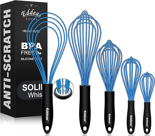 Eddeas Silicone Whisk, Non Scratch Whisk for Cooking, 5+7+9+11in Balloon Whisks, Suitable for Mixing, Blending. 11in Flat Whisks great for Ceramic Coated pans and Wider shallower pots. (Blue) by Eddeas