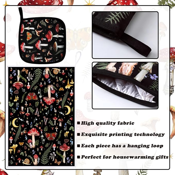 Bencailor 6 Pcs Mushroom Kitchen Towels Oven Mitts and Pot Holders Set Decorative Dish Towels Tea Washcloth Non Slip Heat Resistant Oven Gloves for Summer Home Cooking Baking, Red - Image 5