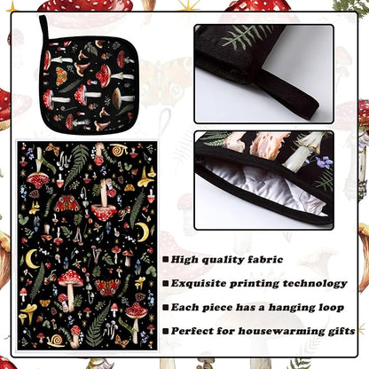 Bencailor 6 Pcs Mushroom Kitchen Towels Oven Mitts and Pot Holders Set Decorative Dish Towels Tea Washcloth Non Slip Heat Resistant Oven Gloves for Summer Home Cooking Baking, Red - Image 5