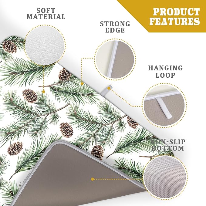 Winter Dish Drying Mat for Kitchen Counter Pine Needle Cone Festival Xmas Microfiber Absorbent Dish Draining Reusable Washable Foldable Extra Large 18"x24" - Image 4