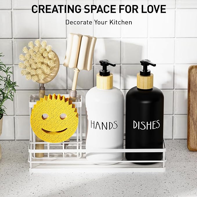 Moforoco Kitchen Dish Soap Dispenser Set, 16OZ Glass Bottle, Hand and Dish Soap Dispenser Set, Instant Dry Tray, Brush Holder with Smiley Face Sponge Holder (White Tray+Black&White Bottle) - Image 4