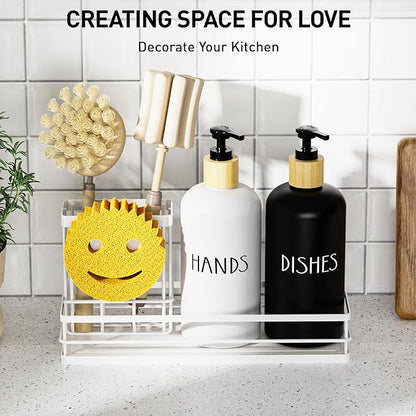 Moforoco Kitchen Dish Soap Dispenser Set, 16OZ Glass Bottle, Hand and Dish Soap Dispenser Set, Instant Dry Tray, Brush Holder with Smiley Face Sponge Holder (White Tray+Black&White Bottle) - Image 4