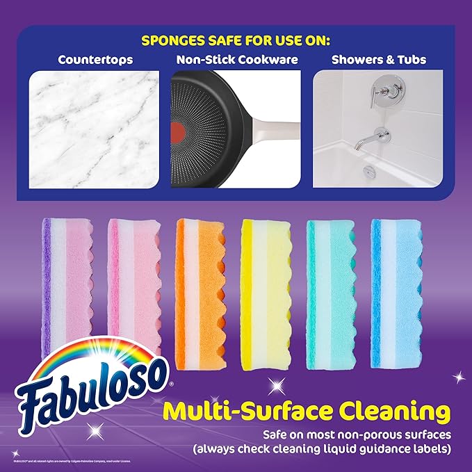 Fabuloso Scratch-Free Kitchen Dish Sponges, Rainbow Cellulose Scrubber Sponge with Scouring Pad for Dishes, Pots, Pans, Counters and Sinks, Tough on Messes, 4.25 x 2.75 x 1.25 in, 12 Count - Image 6