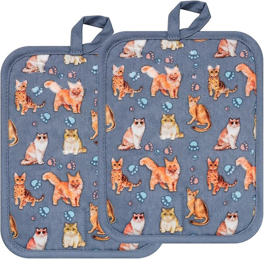 Pot Holders Set of 2 Heat Resistant 480 ℉Non Slip Clear Silicone Printed Comfortable Cotton Lining Kitchen Women Men Cooking Baking Microwave Machine Washable (Cat, Grey potholders)