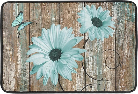 Giwawa Rustic Daisy Dish Drying Mat for Kitchen Countertop 18x24 inch Teal Sunflowers on Wooden Board Dish Drainer Mats Fast Drying Country Vintage Shabby Chic Flower Dish Drying Pad Decor Large
