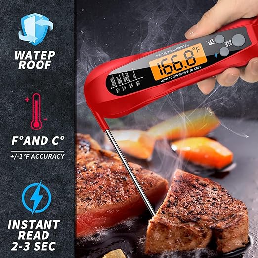 Therm Pro® Chef Meat Thermometer Digital, 1 Sec Instant Read, NIST® Certified Accurate to ±0.5℉, Ultra Bright LED Screen, IP67, Auto-Rotate, for BBQ, Turkey, Candy, Liquids Valentine's gift Cherry Red