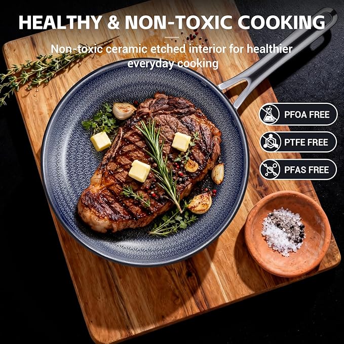 Ammeloo Hybrid Tri-Ply Stainless Steel Frying Pan Set, 8"/9.5"/11" Cooking Pans, Non Stick Frying Pans and Skillets, Chef Pan, Non Toxic, Dishwasher Safe, Induction Compatible, Blue Interior