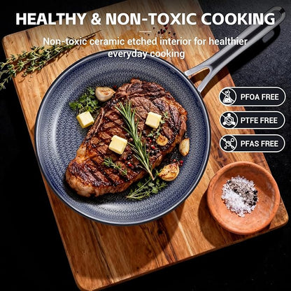 Ammeloo Hybrid Tri-Ply Stainless Steel Frying Pan Set, 8"/9.5"/11" Cooking Pans, Non Stick Frying Pans and Skillets, Chef Pan, Non Toxic, Dishwasher Safe, Induction Compatible, Blue Interior