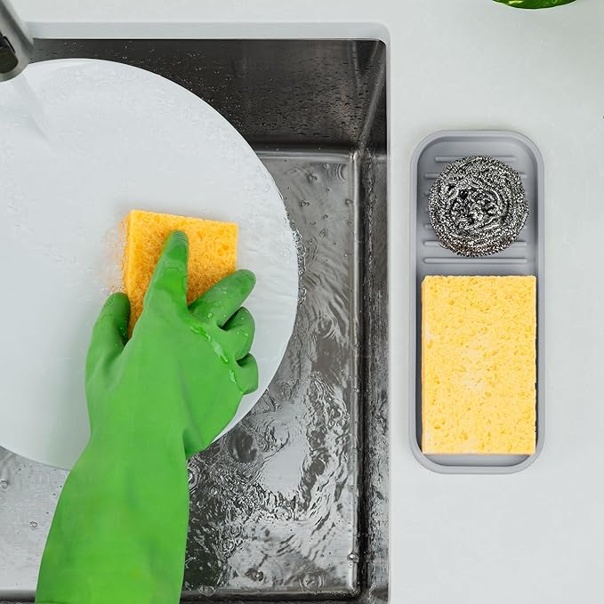 Zulay Kitchen (9x3.5in) Sponge Holder for Kitchen Sink - Flexible Heavy-Duty Multipurpose Sink Caddy - Counter Organizer for Kitchen, Bathroom, Makeup, Trinkets & More! (Grey) - Image 3