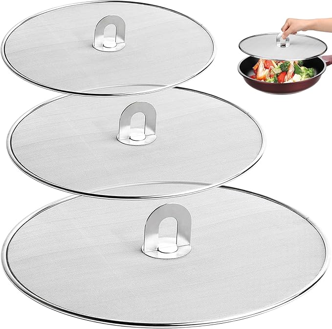3 Pack Splatter Screen for Frying Pan 13" 11.5" 9.8" Stainless Steel Grease Splatter Guard Ultra Fine Mesh Lids with Fold Flat Knob Set for Prevent Oil Splatter by Unknown