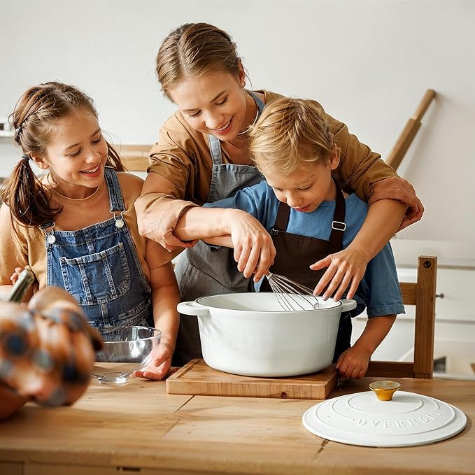 Overmont Enameled Cast Iron Dutch Oven - 5.5QT Pot with Lid Cookbook & Cotton Potholders - Heavy-Duty Cookware for Braising, Stews, Roasting, Sourdough Baking Pearl White - Image 8