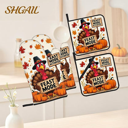 Turkey Oven Mitts with Matching Potholders - Heat Resistant Kitchen Accessories for Baking, Grilling, Cooking, Gifts for Women
