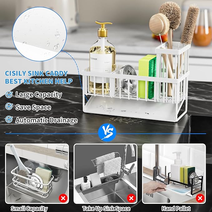 Cisily Sink Caddy Sponge Holder - Stainless Steel Rustproof, High Brush Holder, Dish Sponge Organizer with Divider (White) - Image 2