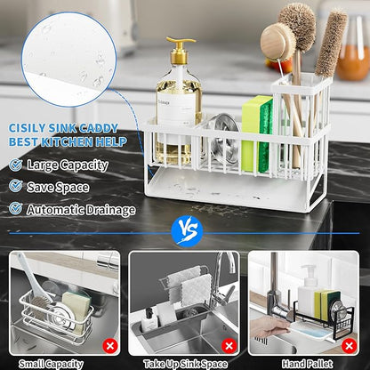 Cisily Sink Caddy Sponge Holder - Stainless Steel Rustproof, High Brush Holder, Dish Sponge Organizer with Divider (White) - Image 2
