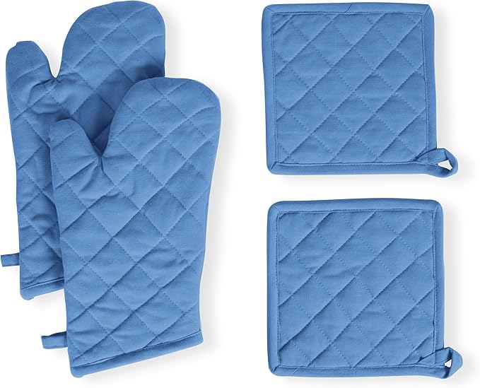 Native Fab Pot Holders and Oven Mitts Sets for Kitchen Heat Resistant - Hanging Non-Slip - 100% Cotton Kitchen Oven Mitts and Pot Holders 4-Piece Set - Blue by NativeFab