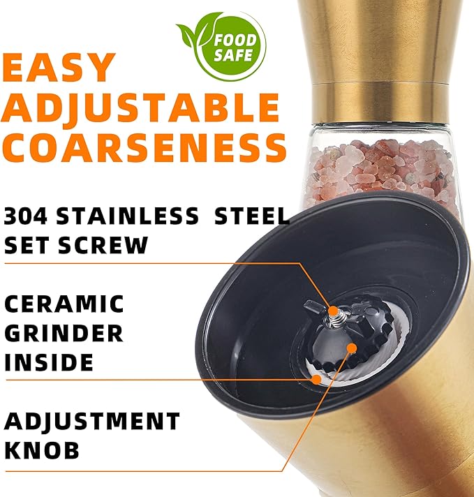DAVIMADE Premium 2pk Gold Salt and Pepper Grinder Set, Manual Grinder Adjustable Coarseness Ceramic Blades, Bonus Silicone Funnel-Short Gold Kitchen Accessories